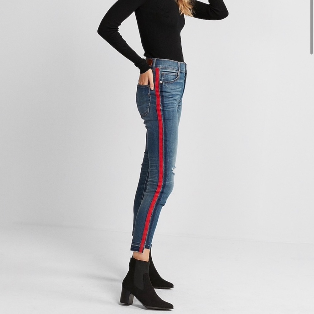 Express High Waisted Red Stripe Distressed Jeans